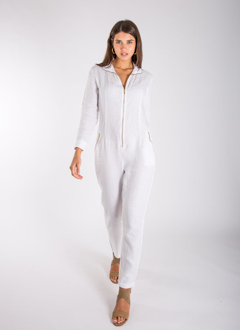 Italian Style Zip-Up Long Fitted Linen Jumpsuit | 100% Natural, Item #8706