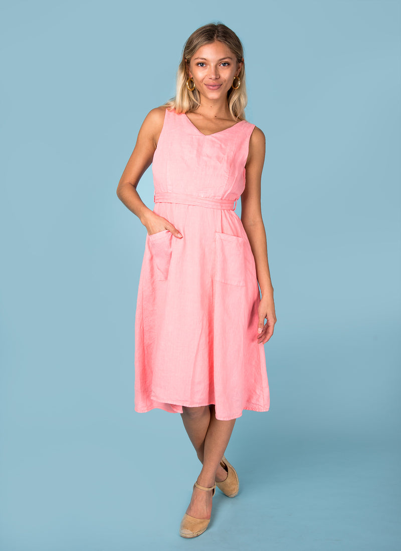 Women's Italian Style Linen Sleeveless Flare Dress with Belt | Unique Design, Item #8397