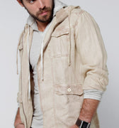 Linen Jacket With Detachable Hoodie & Button Pockets in natural