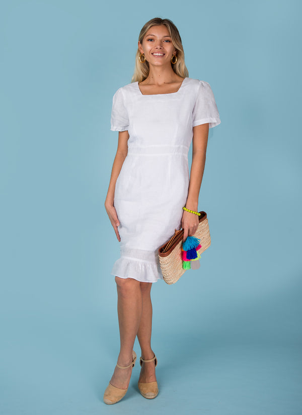 Women's Linen Short Sleeve Florentine Dress with Flared Bottom | 100% Natural Italian Style, Available in White, Black, Red, Aqua, Blue, Green - Item #8398
