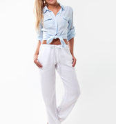 100% Linen Pant with Drawstring Tie in White S to XXXL - Claudio Milano