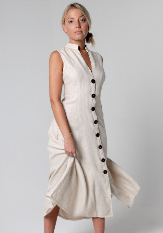 100% Linen Dress with Coconut Buttons and Moa Collar S to XXXL - Claudio Milano
