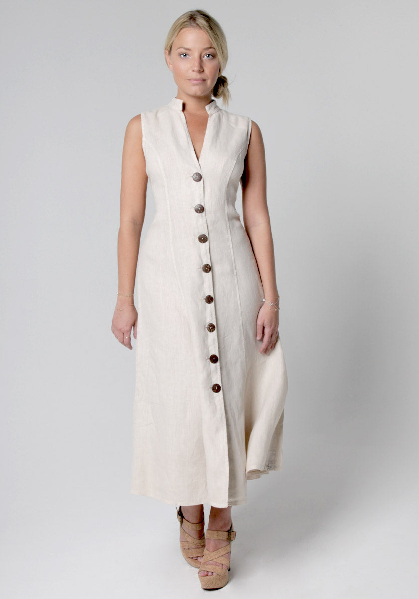 100% Linen Dress with Coconut Buttons and Moa Collar S to XXXL - Claudio Milano