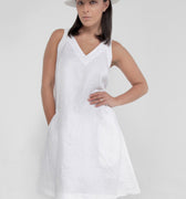 100% Linen Sleeveless V-Neck Dress with Pockets S to XXXL - Claudio Milano