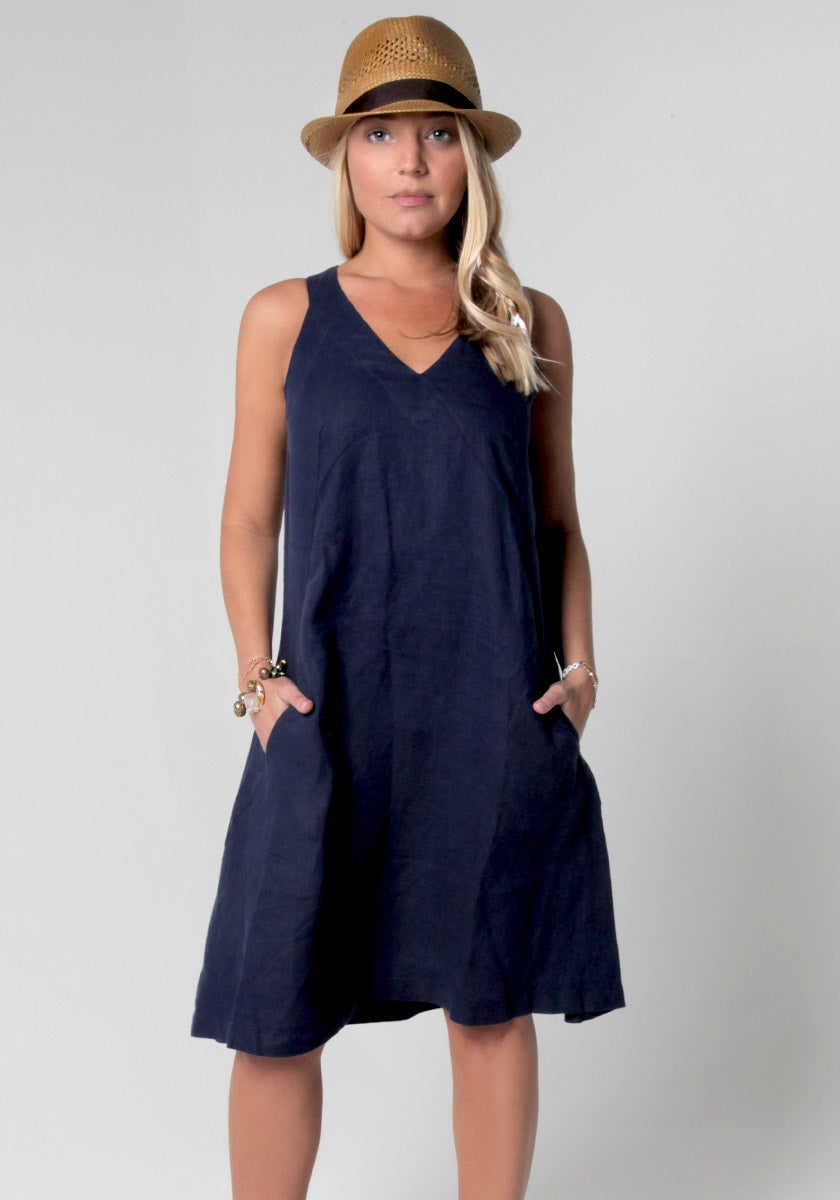 100% Linen Sleeveless V-Neck Dress with Pockets S to XXXL - Claudio Milano