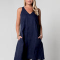 100% Linen Sleeveless V-Neck Dress with Pockets S to XXXL - Claudio Milano