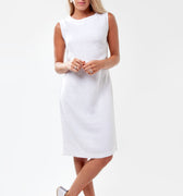 100% Linen Elegant Body-Con Dress with Jewel Neckline in White S to XXXL - Claudio Milano