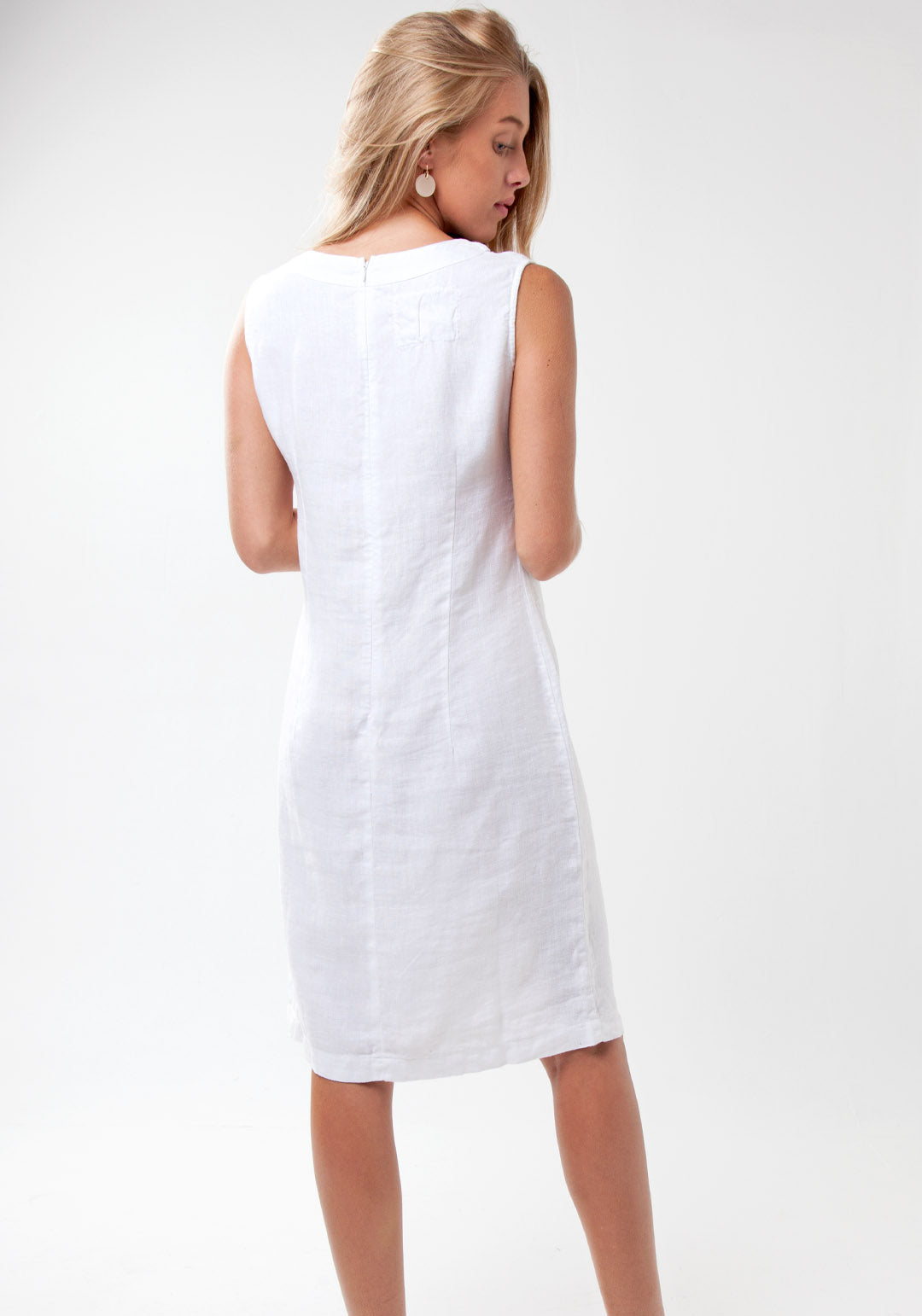 100% Linen Elegant Body-Con Dress with Jewel Neckline in White S to XXXL - Claudio Milano