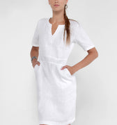 100% Linen V-Neck Dress With Pockets and Half Sleeves in White S to XXXL - Claudio Milano