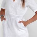100% Linen V-Neck Dress With Pockets and Half Sleeves in White S to XXXL - Claudio Milano