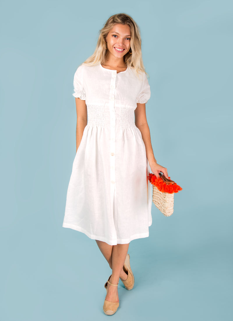 Women's Linen Button Down Short Sleeve Peasant Dress | 100% Natural Italian Style, Available in White, Aqua, Blue, Green - Item #8393