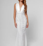 100% Linen Cut & Sew Plunge-Neck Maxi Dress in White S to XXXL - Claudio Milano