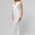 100% Linen Cut & Sew Plunge-Neck Maxi Dress in White S to XXXL - Claudio Milano