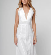 100% Linen Cut & Sew Plunge-Neck Knee-Length Dress in White S to XXXL - Claudio Milano