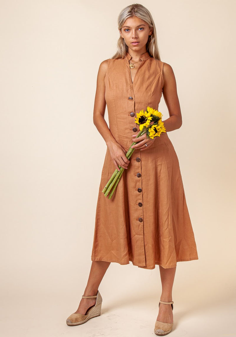 Women's Linen Dress with Coconut Buttons and Moa Collar | 100% Natural Italian Style, Available in Multiple Colors, Item #8306