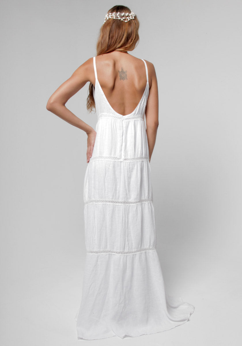100% Linen Goddess Thin Laced Low-Back Maxi in White S to XXXL - Claudio Milano