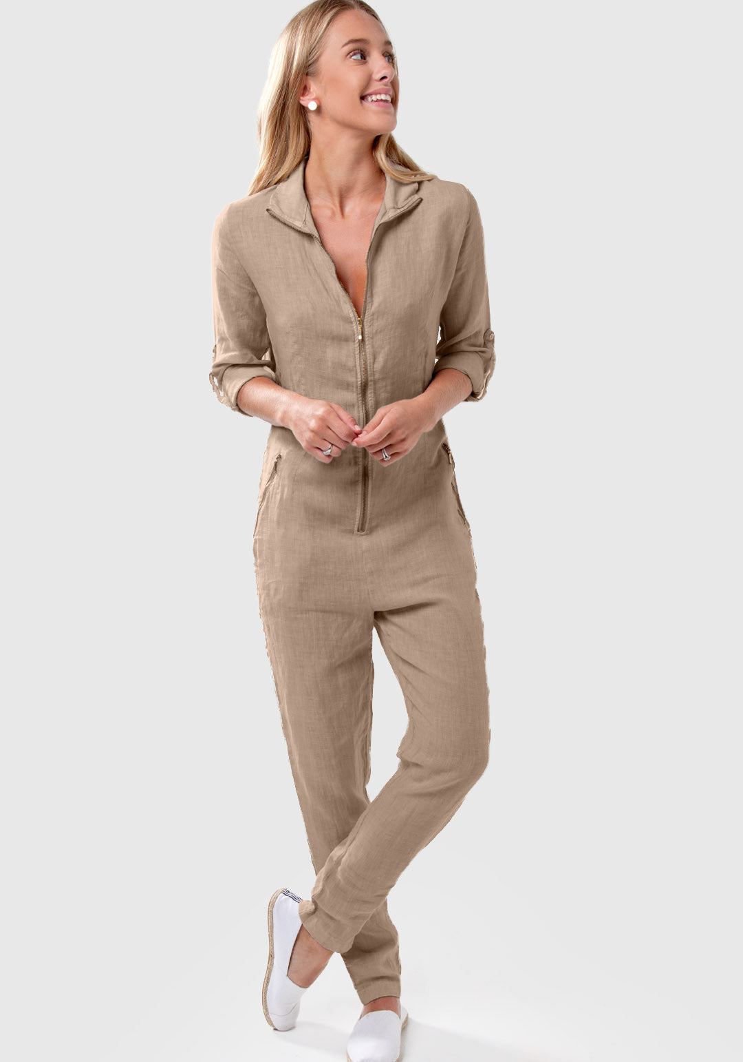 100% Linen Zip-Up Long Fitted Jumpsuit S to XXXL - Claudio Milano