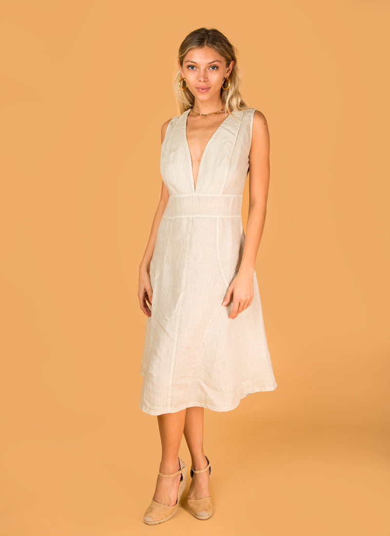 Women's Linen Cut & Sew Plunge-Neck Knee-Length Dress in White | 100% Natural Italian Style, Available in Multiple Colors, Item #8353