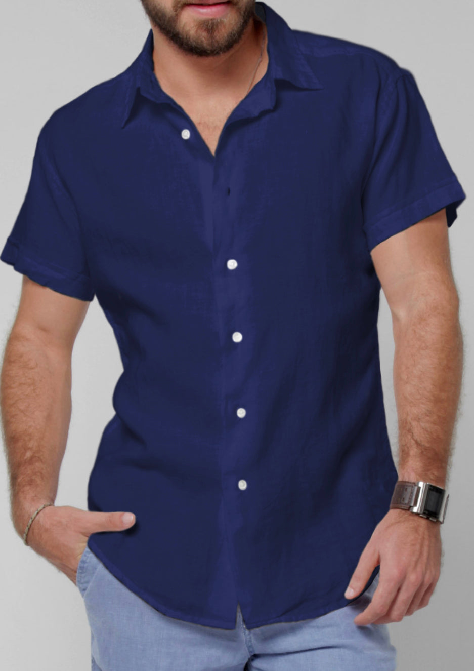 Short Sleeve Button Down Linen Shirt Regular Fit in navy blue