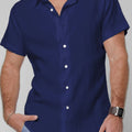 Short Sleeve Button Down Linen Shirt Regular Fit in navy blue