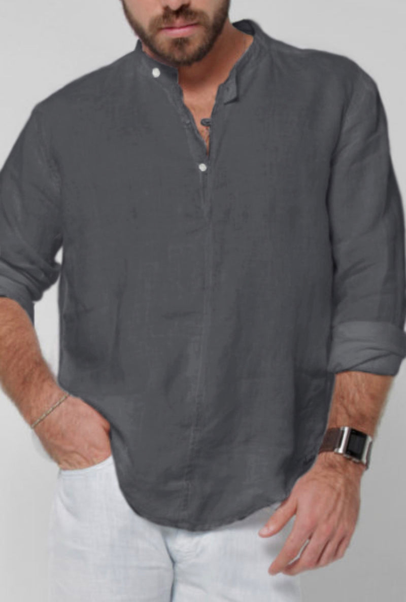 Italian Style Linen Long Sleeve Shirt with Button Collar | 100% Natural Clothing, Item #1004