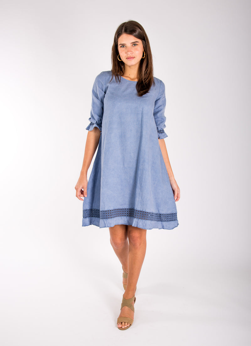 Women's Linen Banded 3/4 Sleeve Moo Dress | 100% Natural Italian Style, Available in Multiple Colors, Item #8365