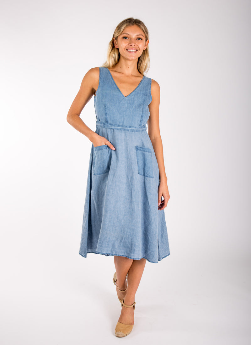 Women's Italian Style Linen Sleeveless Flare Dress with Belt | Unique Design, Item #8397