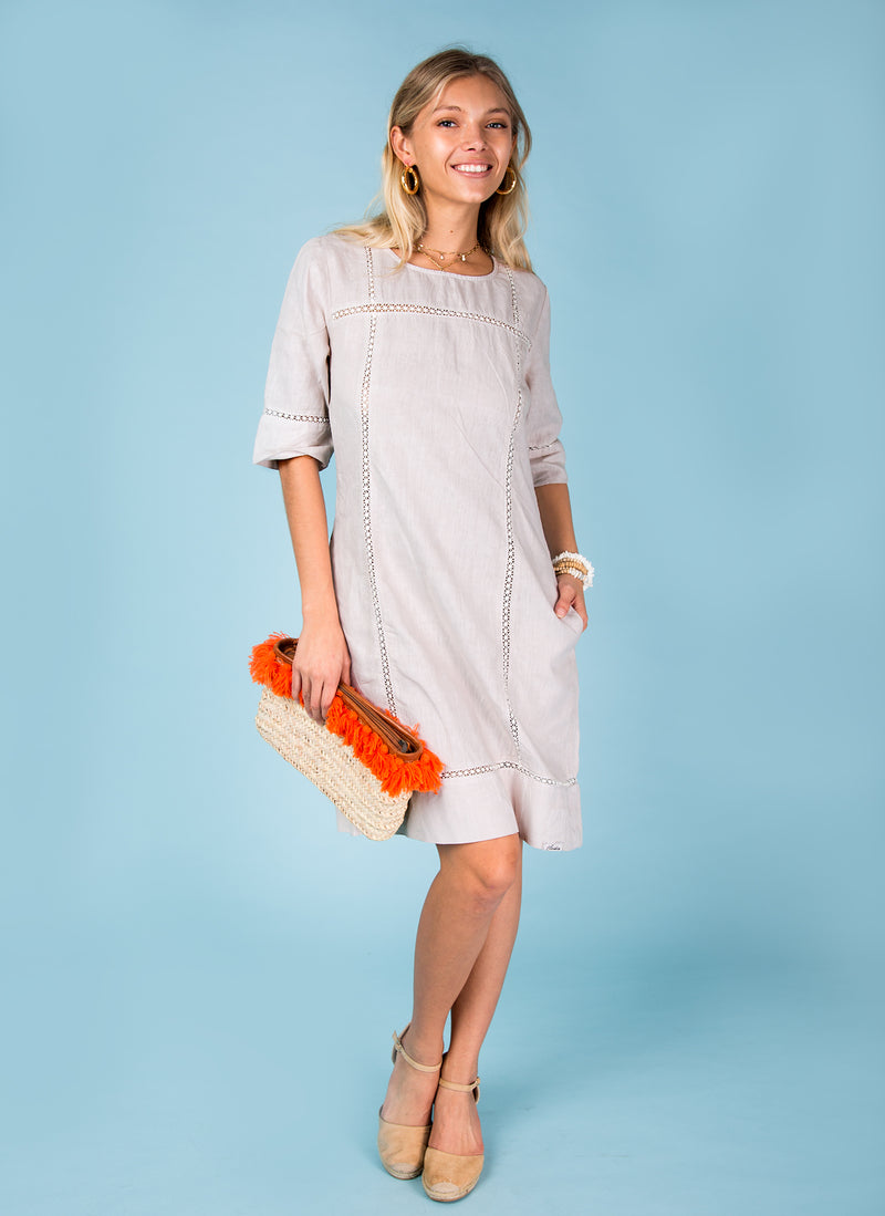 Women's 3/4 Sleeve Linen Dress with Lace Detail | 100% Natural Italian Style, Available in White, Black, Red, Aqua, Blue, Green, Item #8385