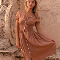 100% Linen Button Down Short Sleeve Peasant Dress S to XXXL - Claudio Milano