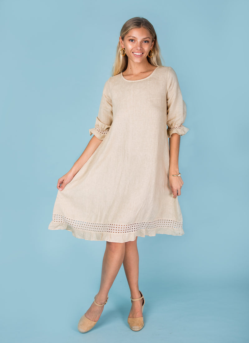 Women's Linen Banded 3/4 Sleeve Moo Dress | 100% Natural Italian Style, Available in Multiple Colors, Item #8365