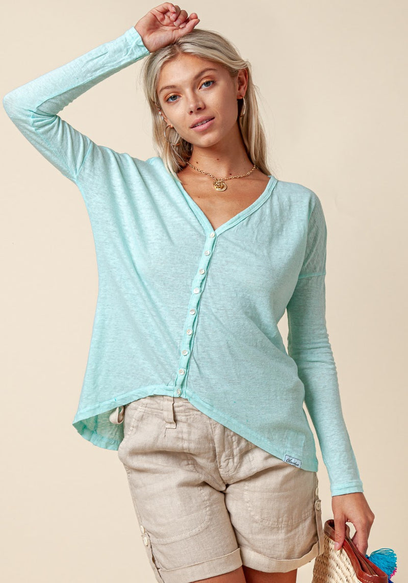 Women's Linen Long Sleeve Cardigan Shirt | Jersey Linen Top, Item #8128