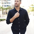 Long Sleeve Button Down Linen Shirt Regular Fit in black