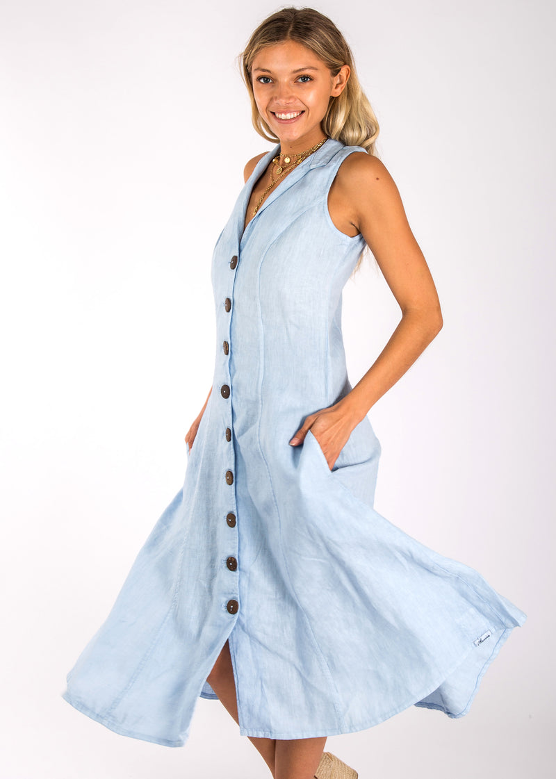 Women's Linen Dress with Coconut Buttons and Moa Collar | 100% Natural Italian Style, Available in Multiple Colors, Item #8306