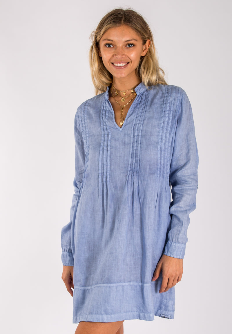 Women's Linen Oversized Shirt Dress | 100% Natural Italian Style with Mandarin Collar & Thin Pleats, Available in Multiple Colors, Item #8036