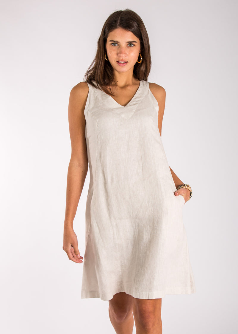Women's Linen Sleeveless V-Neck Dress with Pockets | 100% Natural Italian Style, Available in Multiple Colors, Item #8308