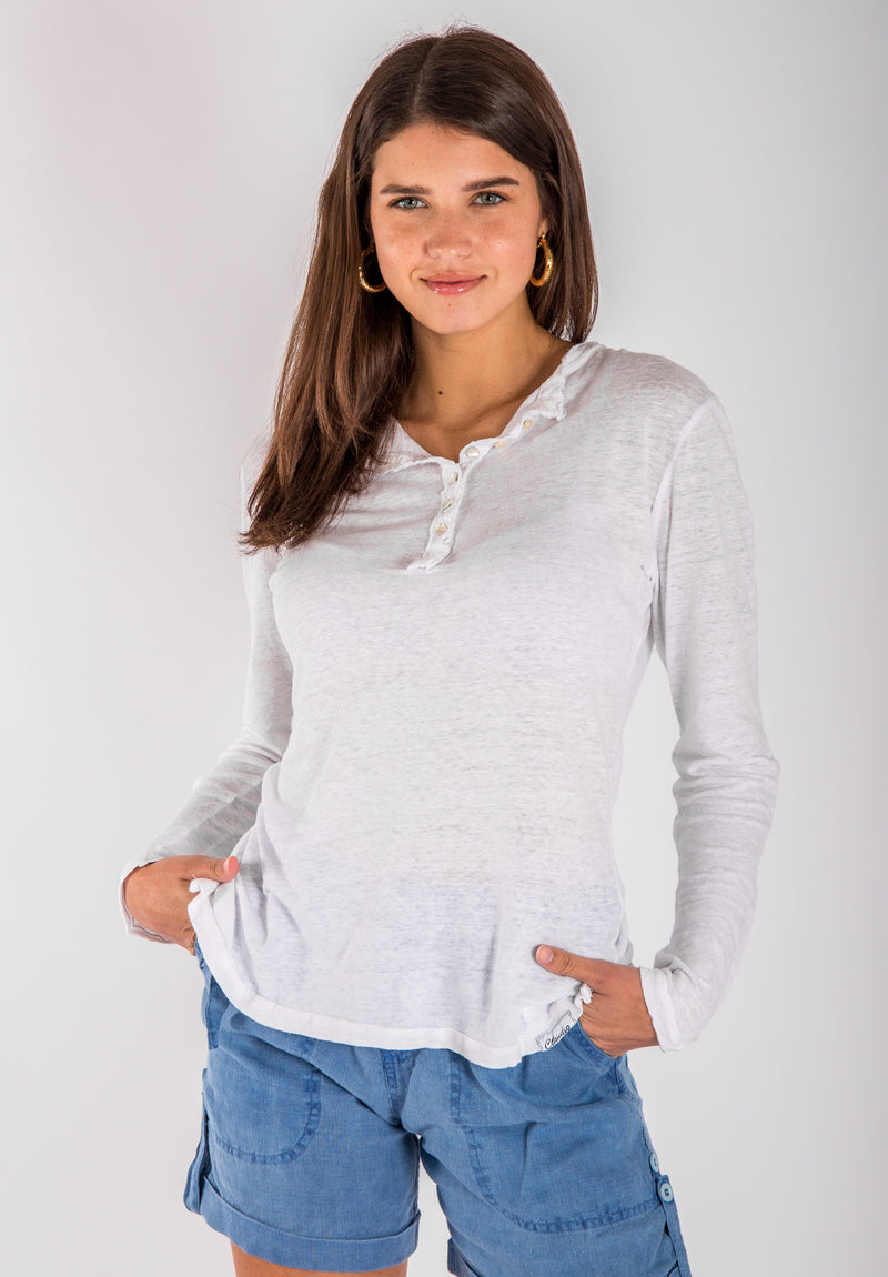 Women's Linen Long Sleeve Henley Tee Shirt | Jersey Linen Top, Item #8102