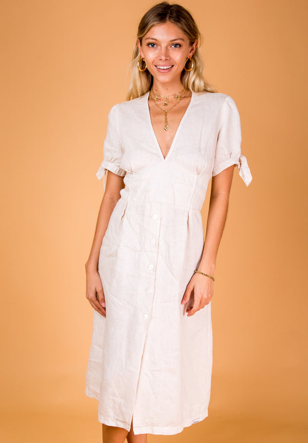 Women's Linen Deep-V Dress with Button Details | 100% Natural Italian Style, Available in White, Aqua, Blue, Green - Item #8394