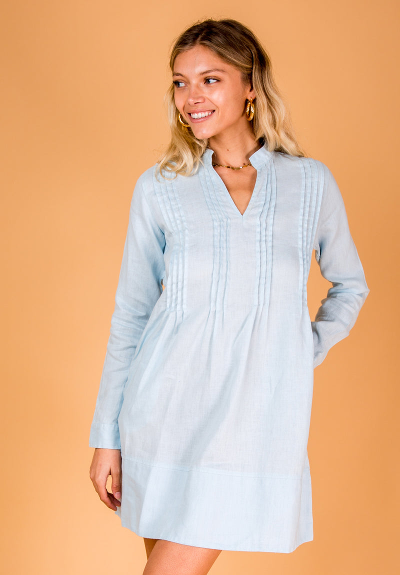 Women's Linen Oversized Shirt Dress | 100% Natural Italian Style with Mandarin Collar & Thin Pleats, Available in Multiple Colors, Item #8036