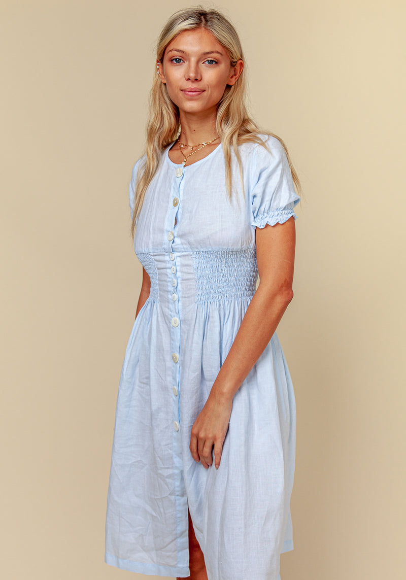 100% Linen Button Down Short Sleeve Peasant Dress S to XXXL - Claudio Milano 