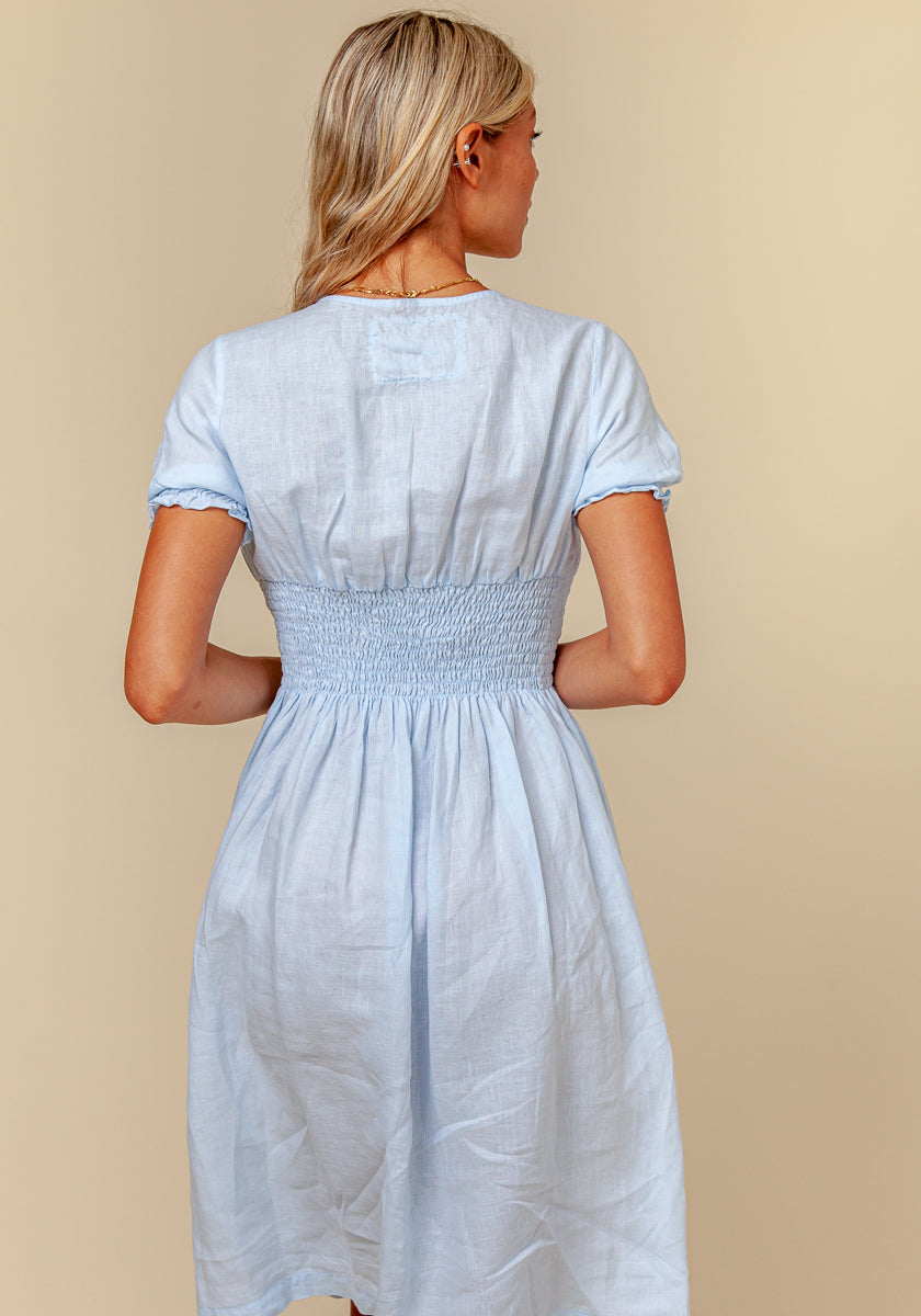 100% Linen Button Down Short Sleeve Peasant Dress S to XXXL - Claudio Milano