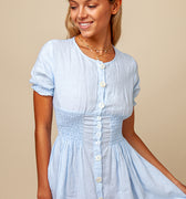 100% Linen Button Down Short Sleeve Peasant Dress S to XXXL - Claudio Milano