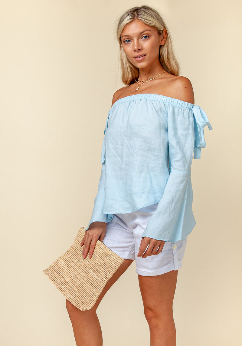 100% Linen Off The Shoulder Top With Bell Sleeves S to XXXL - Claudio Milano 