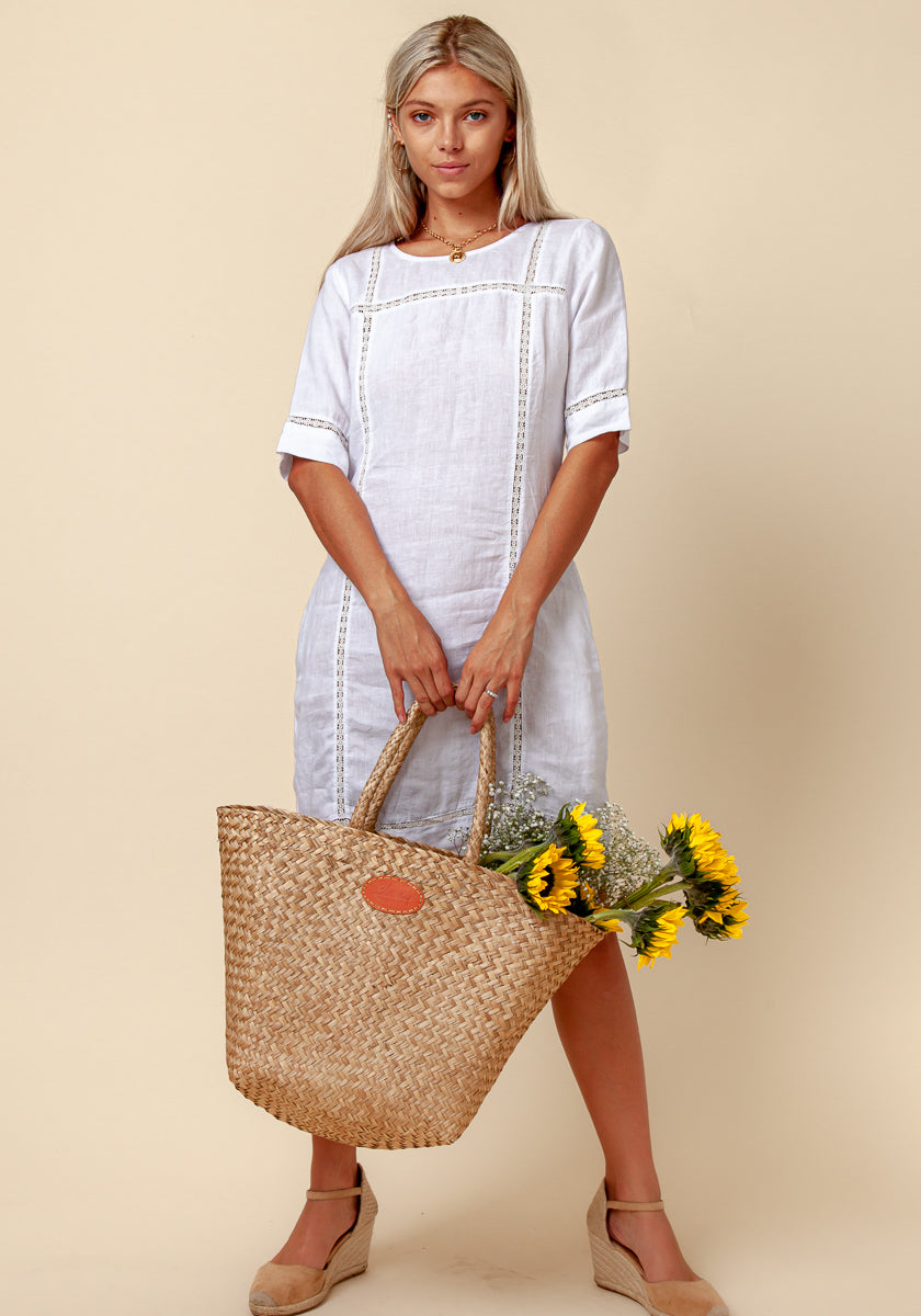 100% LINEN 3/4 SLEEVE DRESS WITH LACE DETAIL S to XXXL - Claudio Milano