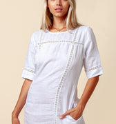 100% LINEN 3/4 SLEEVE DRESS WITH LACE DETAIL S to XXXL - Claudio Milano