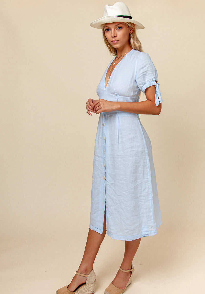 100% Linen Deep-V Dress With Button Details S to XXXL - Claudio Milano