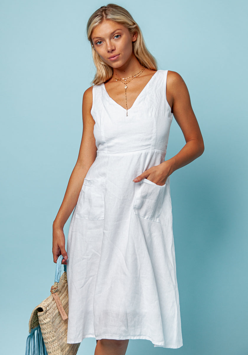 100% LINEN SLEEVELESS FLARE DRESS WITH BELT S to XXXL - Claudio Milano