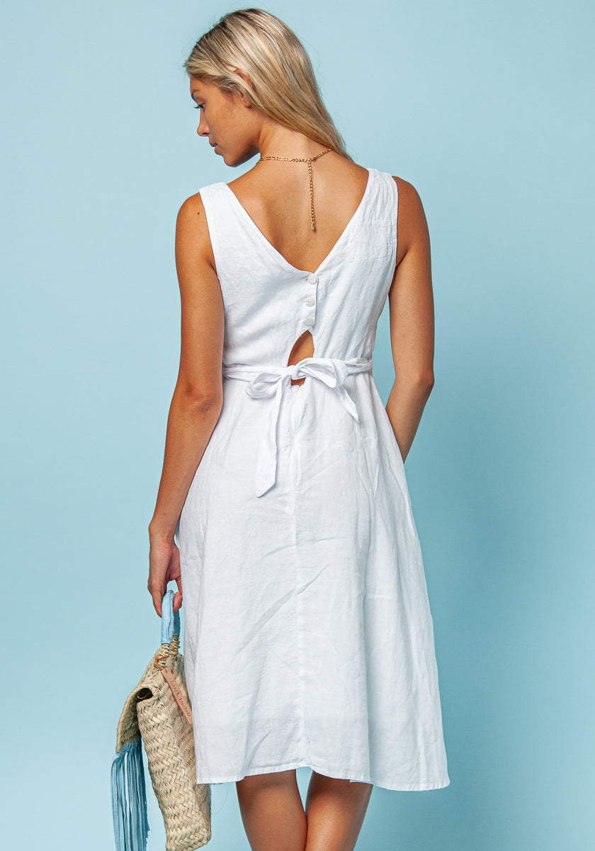100% LINEN SLEEVELESS FLARE DRESS WITH BELT S to XXXL - Claudio Milano