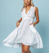 100% LINEN SLEEVELESS DRESS WITH ELASTIC WAIST AND SHOULDER DETAIL S to XXXL - Claudio Milano