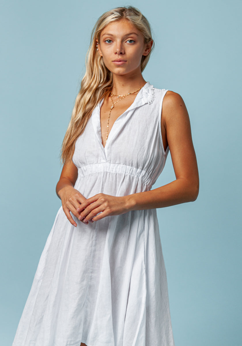 100% LINEN SLEEVELESS DRESS WITH ELASTIC WAIST AND SHOULDER DETAIL S to XXXL - Claudio Milano