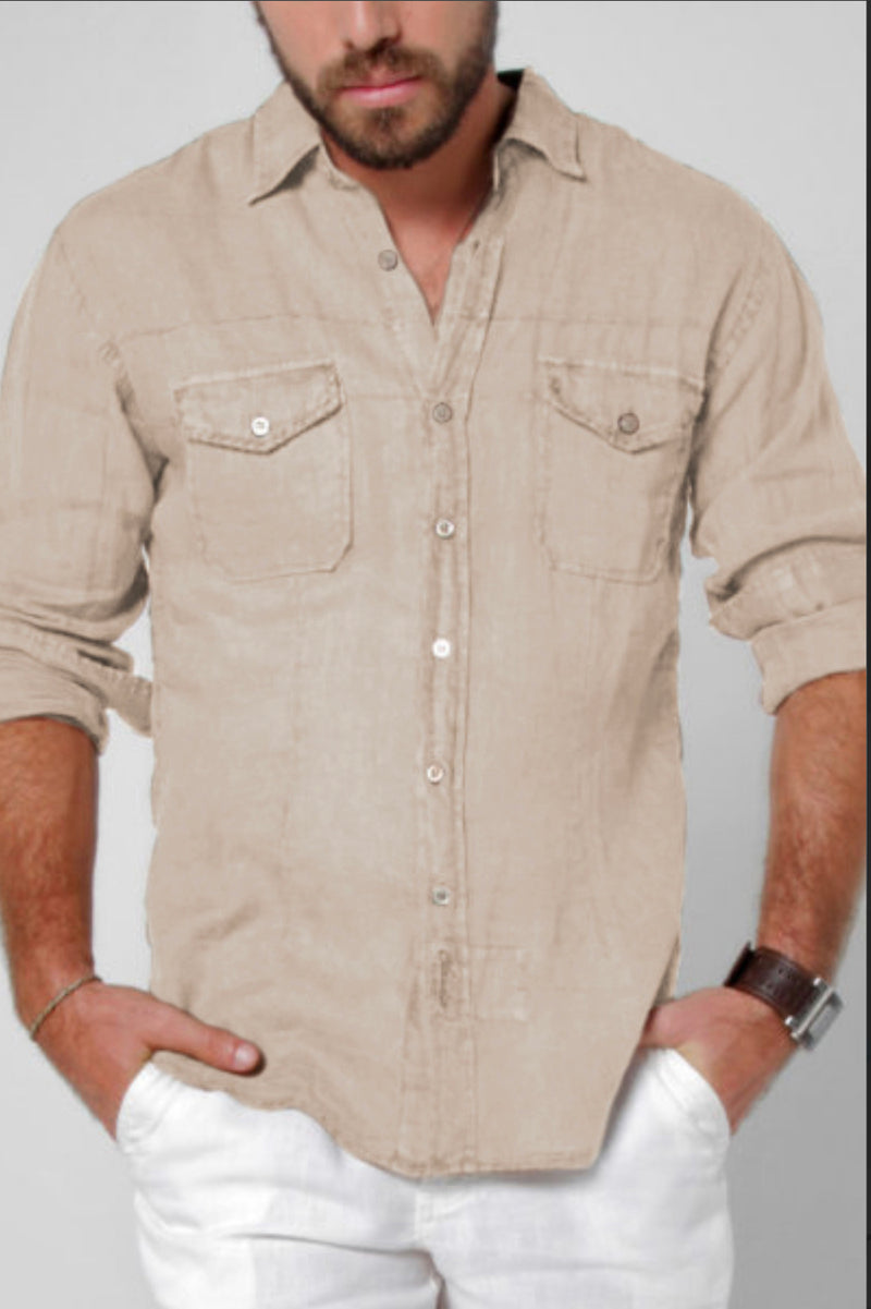 Italian Style Button-down Linen Shirt With Hand-stitching | 100% Natural Linen Clothing, Item #1021